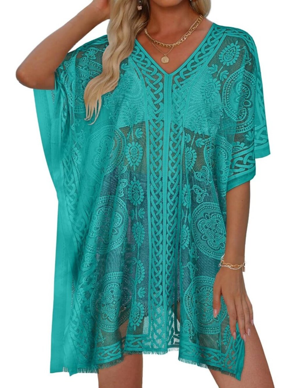Women's Lake Blue Polyester V Neck Laced Summer Swim Loose Bikni Coverup Dress